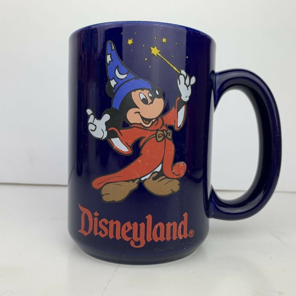 Disneyland Mickey Mouse Blue Mug Fantasia Wizard Wand Yellow 18oz Coffee Vintage - Picture 2 of 6